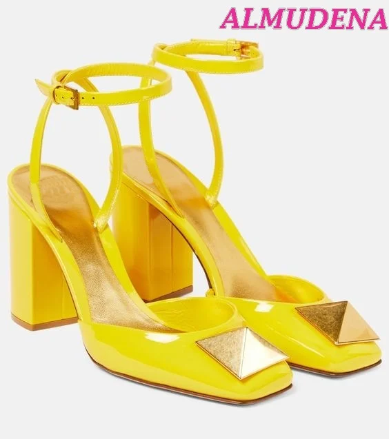 Women Square Toe Pink Block Heel Sandals Patent Leather Black White