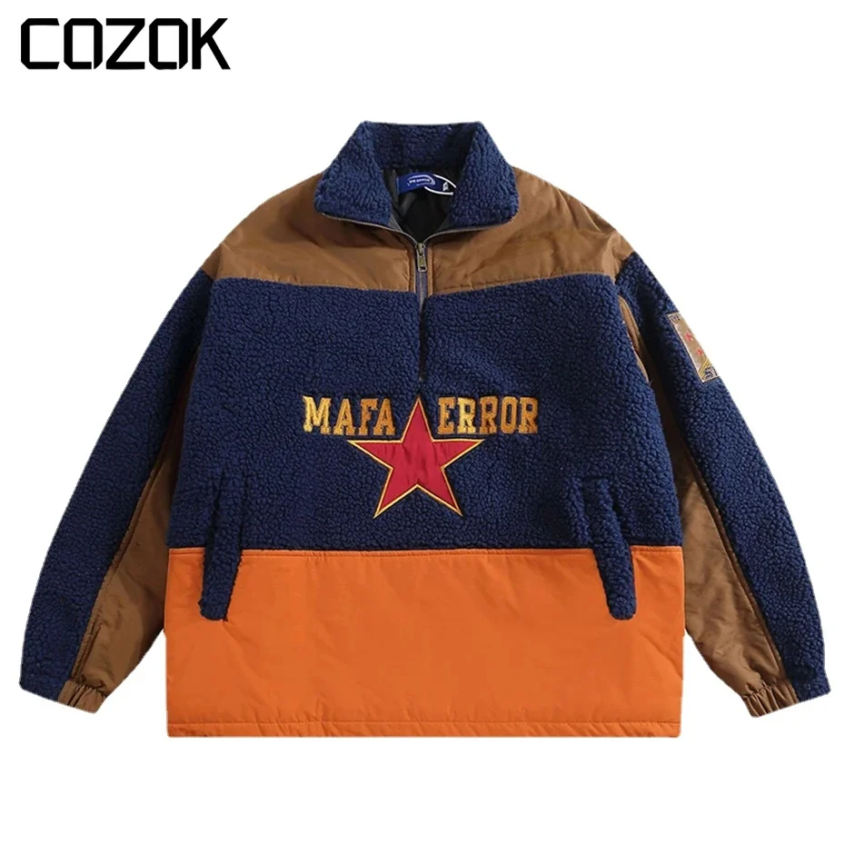 

2023 Winter Lambswool Jackets Men Streetwear Harajuku Oversized Parkas Coats Color Block Patchwork Padded Jacket Outwear