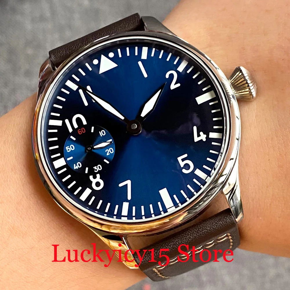 PARNIS 44MM 6497 Mechanical Hand Winding Sliver Case Men Wristwatch Grey/Black/Blue Dial Luminous Dial Polished Bezel Leather