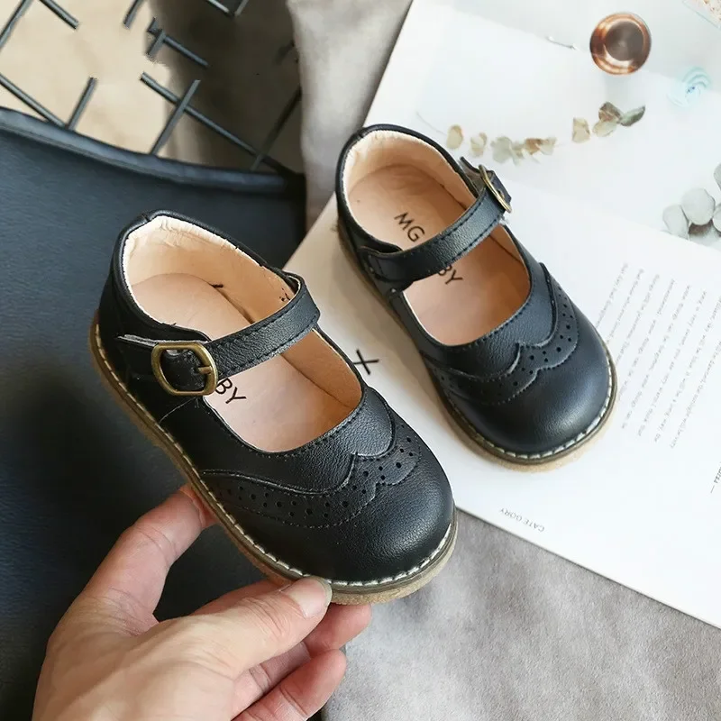 New Grils Leather Shoes Casual Girls Autumn Winter Kids Pu Show White Shoes Children's  Black Pink size 21-30 Flats 2