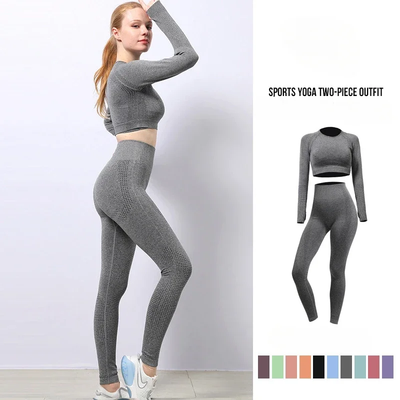 

Workout 2 Pieces Yoga Suit Seamless Sportswear Gym Clothing Tracksuit Long Sleeve Crop Top Women Leggings Yoga Sets for Fitness