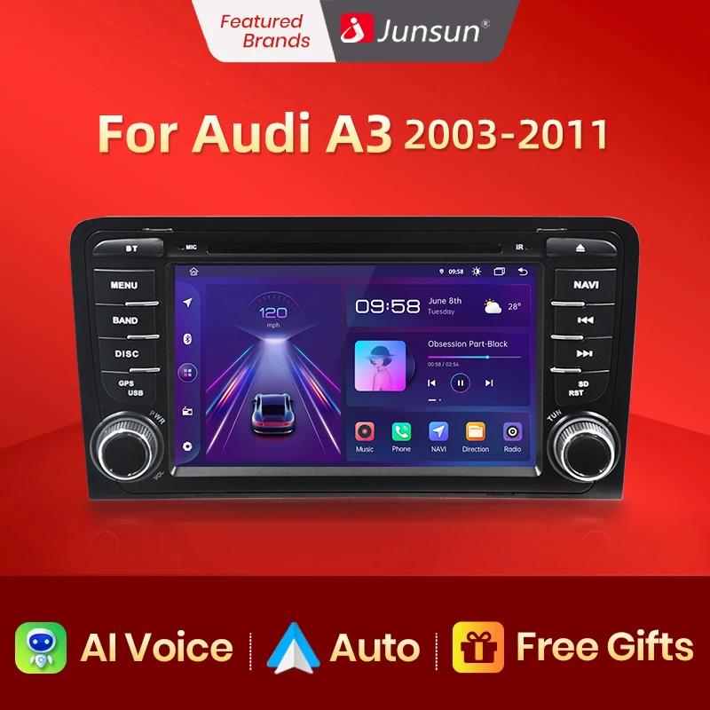 Junsun – autoradio multimédia Android, navigation GPS, sans 2din, RDS, pour voiture Audi A3 8P 2003 – 2011 S3 RS3 Sportback Carplay
