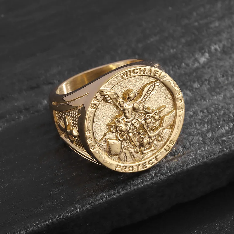 Gold Angel Michael Ring - Stainless Steel Punk Amulet Jewelry