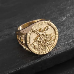 Gold Angel Michael Ring - Stainless Steel Punk Amulet Jewelry - 8 (Gold)