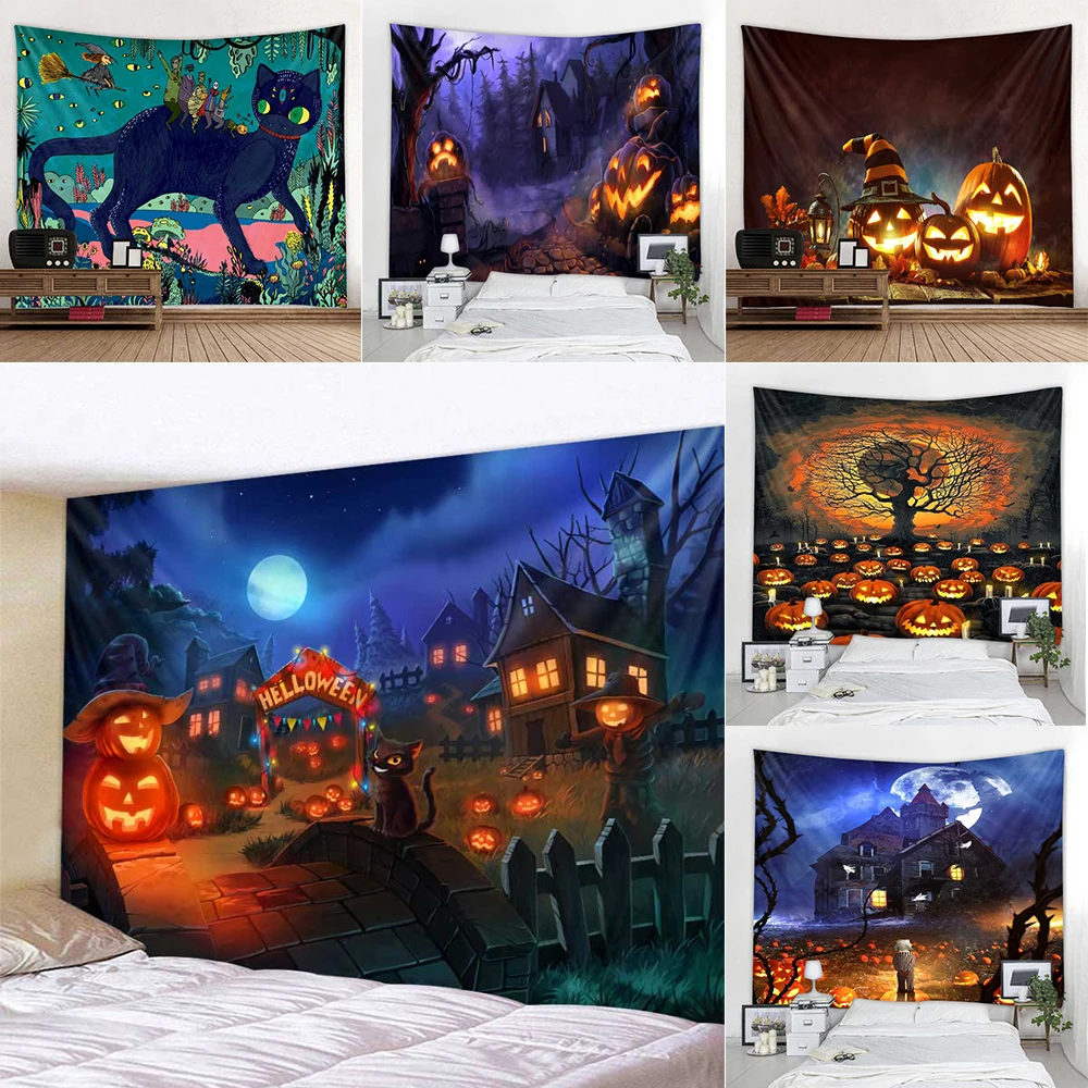 

Halloween Skull Pumpkin Lantern Tapestry Wall Hanging Haunted House Bat Horror Background Home Dorm Holiday Decoration