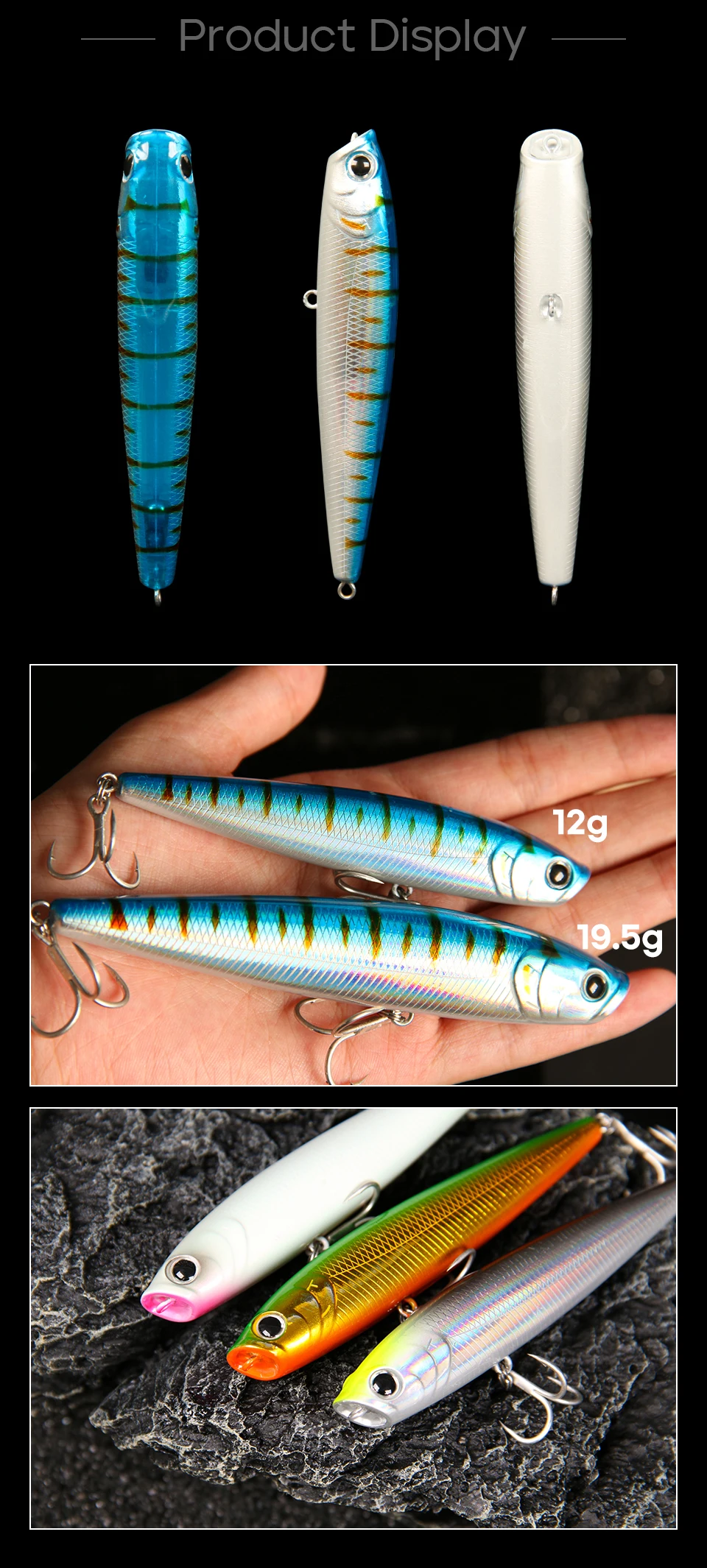 LETOYO 12g/19,5g Schwimmende Popper Köder Weitwurf Topwater Harte Bleistift Köder Laser Beschichtung Streamline Bass angeln Köder – Detail 5