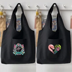 Korean Version of The Black Shoulder Bag Woman Shopping Handbag Casual Sweet Style Pattern Printing Vest Bag Tote Bag Commuter