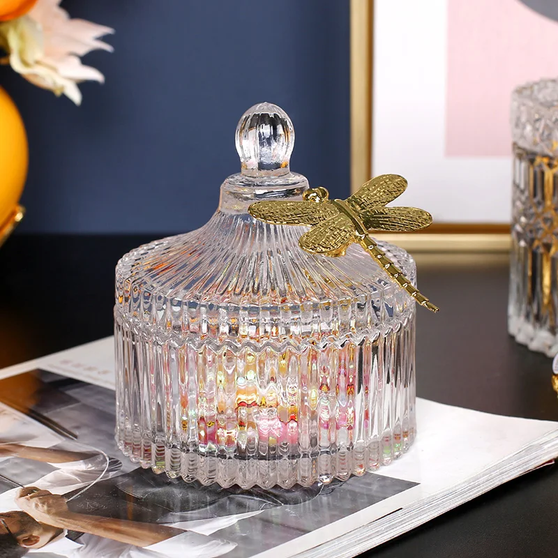 Golden Butterfly Dragonfly Crystal Glass Storage Jar Jewelry Box Sugar Bowl Household Aromatherapy Candle Bottle Glass Container 3