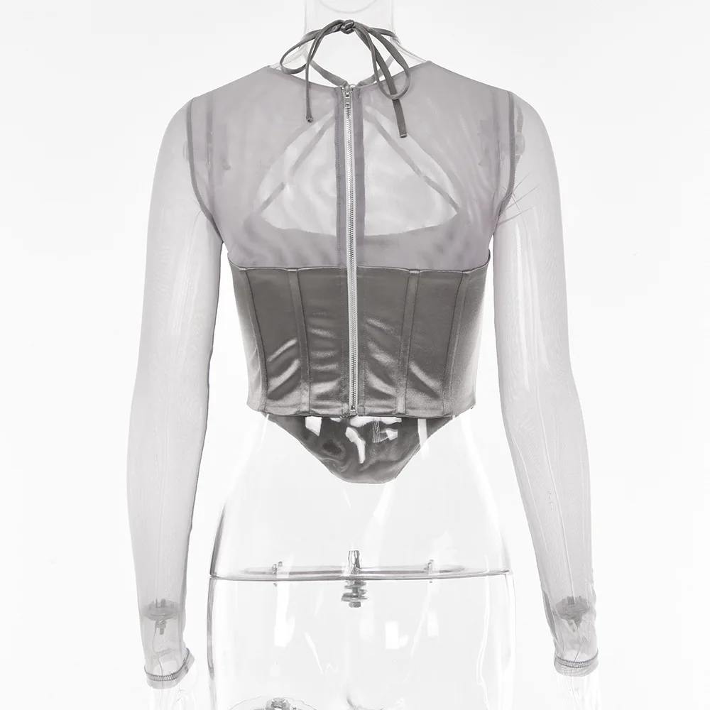 Asymmetrical See Through Sexy Women Clothes Solid Sheer Grey Elegant Corset Tops Club Mesh Outfits Long Sleeve Streetwear