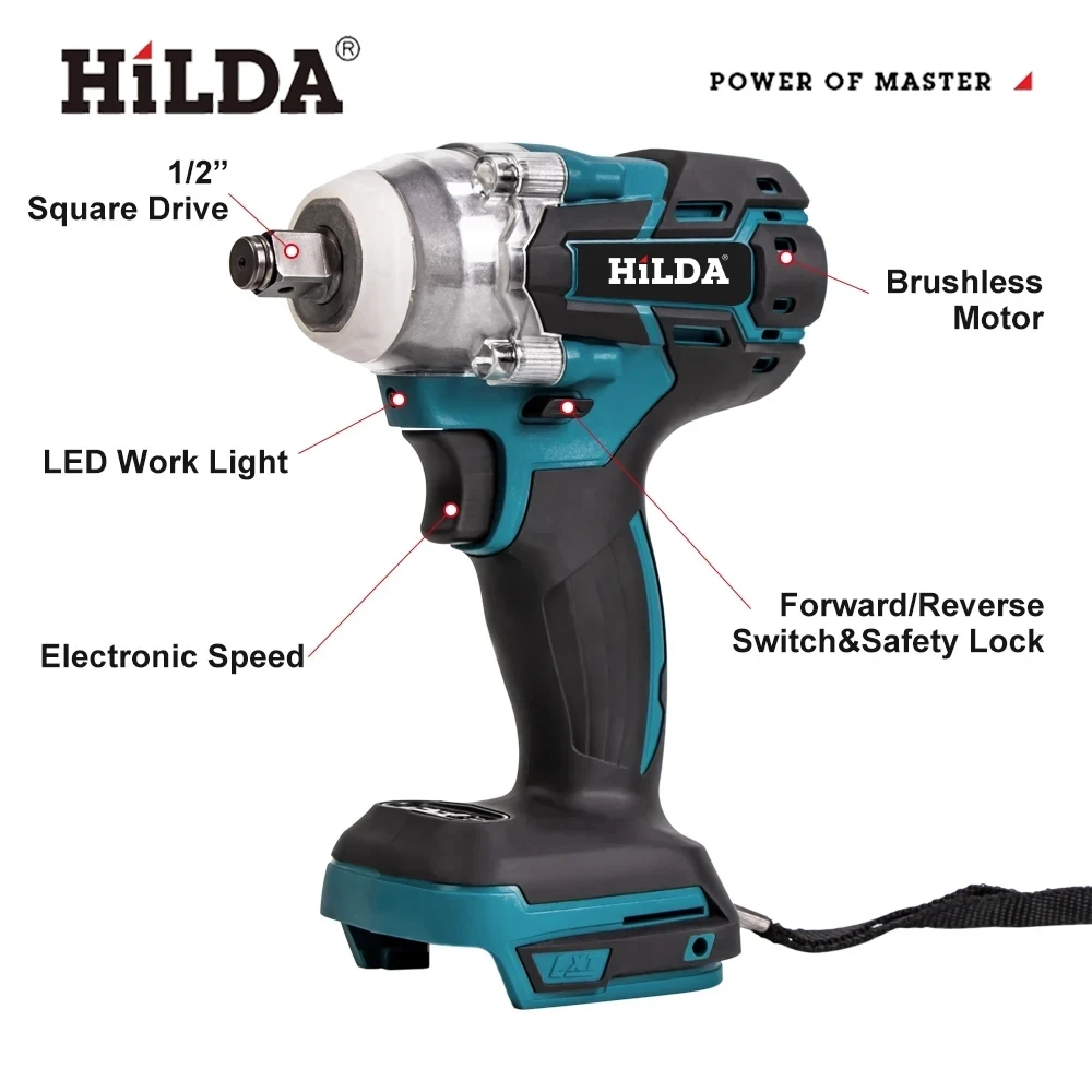 HILDA 18V Rechargeable Electric Impact Wrench 1/2 Socket Wrench for Car Maintenance Impact Cordless High Power without Battery 5
