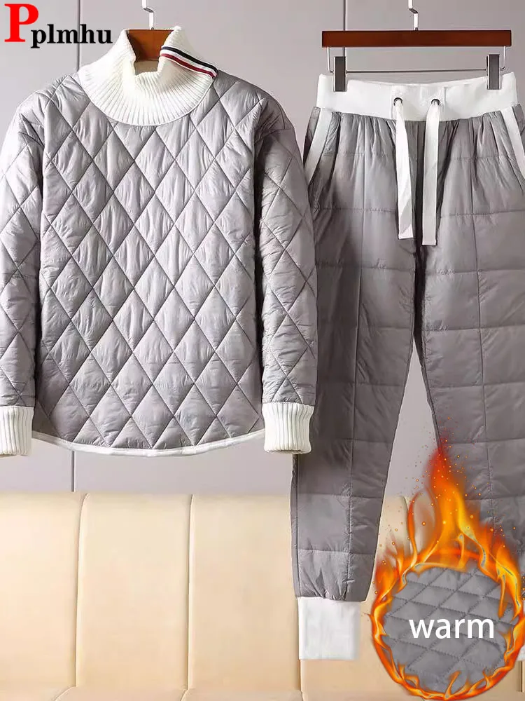 

Зимний теплый комплект из 2 предметов с хлопковой подкладкой, женские утепленные топы с высоким воротником, корейские повседневные шаровары с высокой талией, спортивный костюм