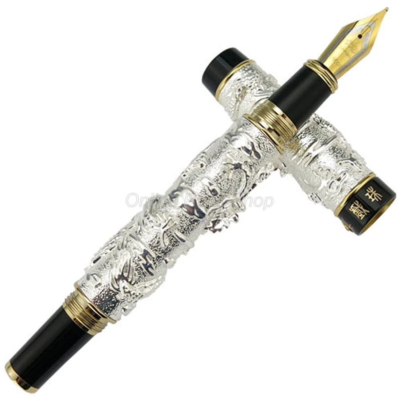 

Jinhao Vintage Silver & Black Fountain Pen Double Dragon Playing Pearl Metal Carving Embossing Heavy Pen Writing Gift Pen