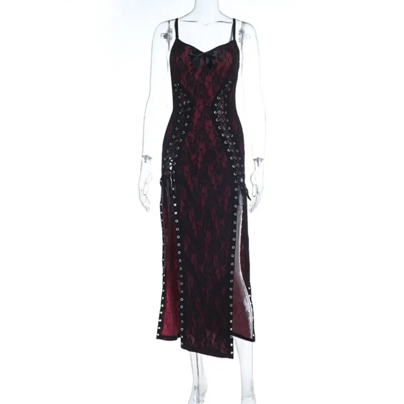 Goth Dark Women Partywear Mall Gothic Lace Patchwork Straps Dresses Y2K Coquette Gown Mall Gothic Slim Bandage Split Hem Dress