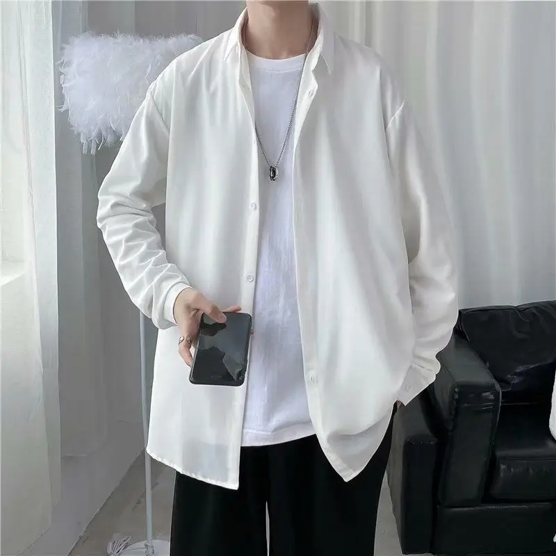 2024 Spring and Summer Hong Kong Style Salt Solid Color Light Mature Style Top Minimalist Flip Collar Casual Loose Shirt for Men