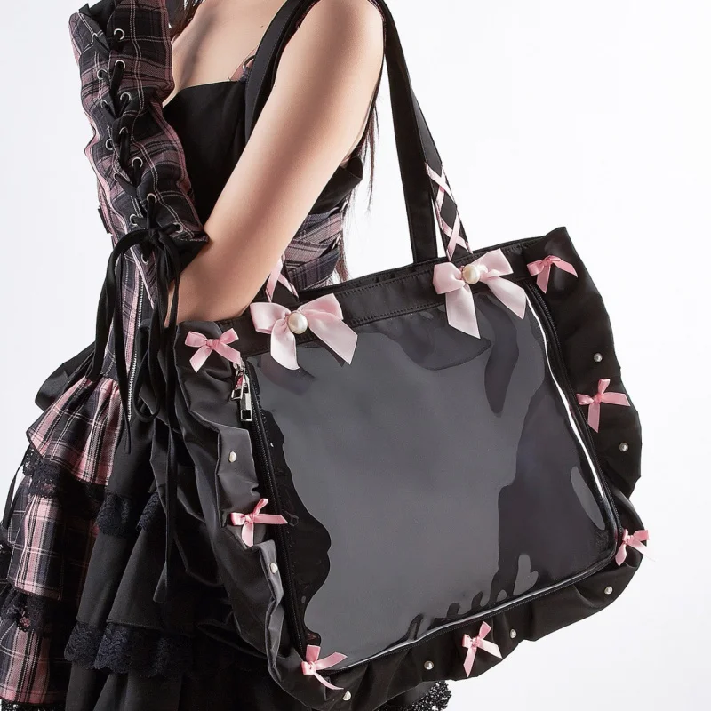 Japanese Style Lolita Bowknot Pain Bag Large Capacity Tote Shoulder Bag for Badge Pin Display