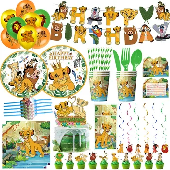 Decoración de cumpleaños del Rey León, vajilla, globos, Kit de pancarta, Fiesta Temática de Simba de Disney, tazas decorativas, platos, mantel, suministros para niños