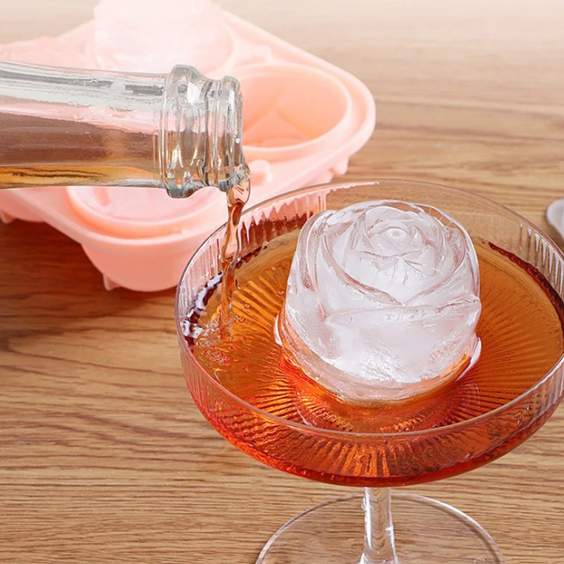 Ice Cube Mold 4 Holes 3D Rose Flower Ice Cube Maker Bear Ice Cube Mold Cake Mould Tray Cream DIY Tool Whiskey Wine Cocktail Silicone Mold