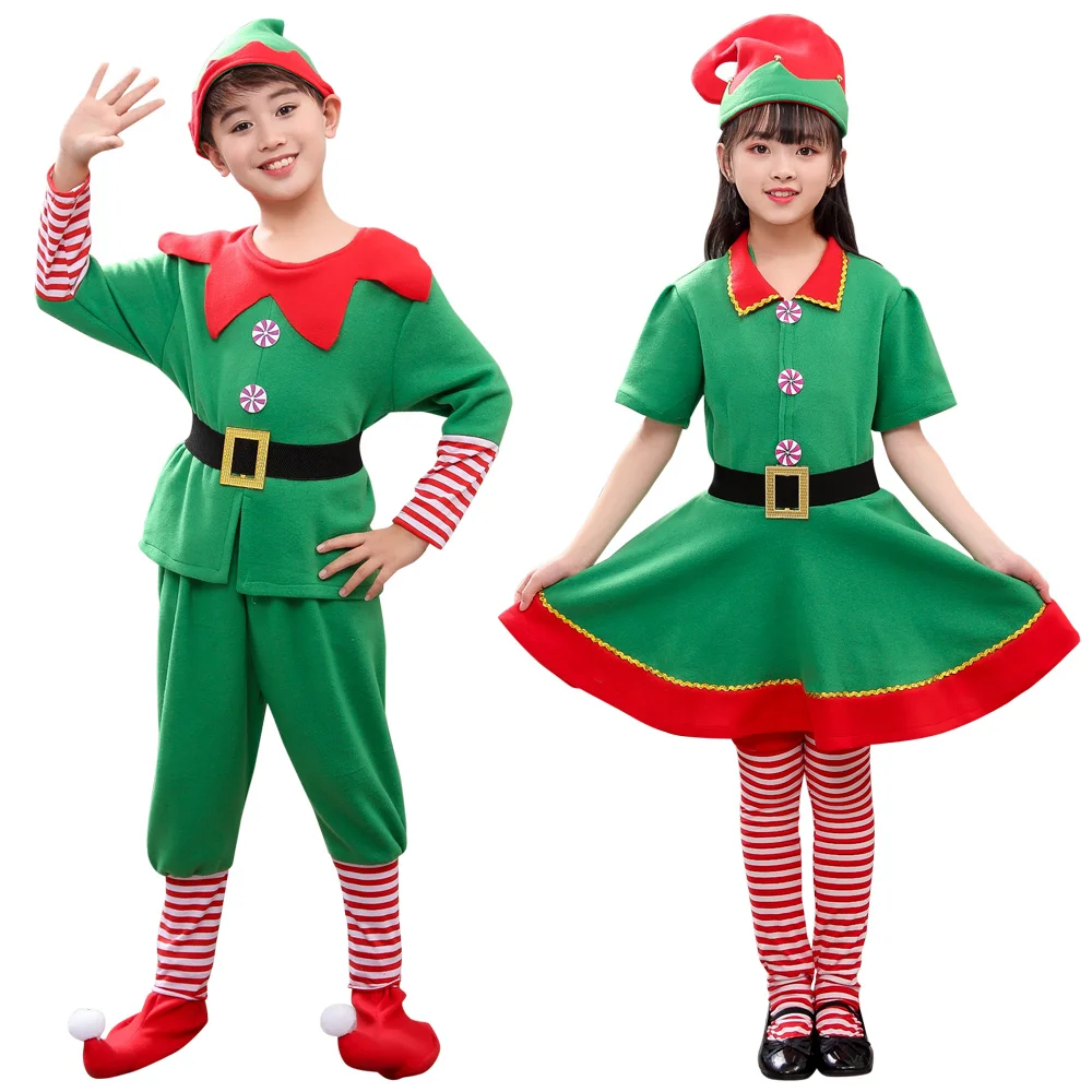

Christmas Costume Women Men Santa Claus New Year Fancy Set Party Cosplay Boys Girls Green Red Dress
