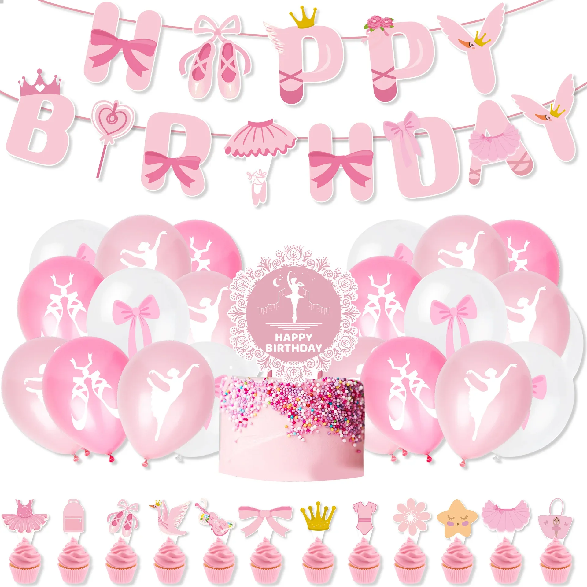 Rosa Ballerina-Ballettmädchen, alles Gute zum Geburtstag, Bunting, Banner, Ballon-Kuchenaufsatz für Kinder, Mädchen, Babyparty, Geburtstagsparty-Dekoration