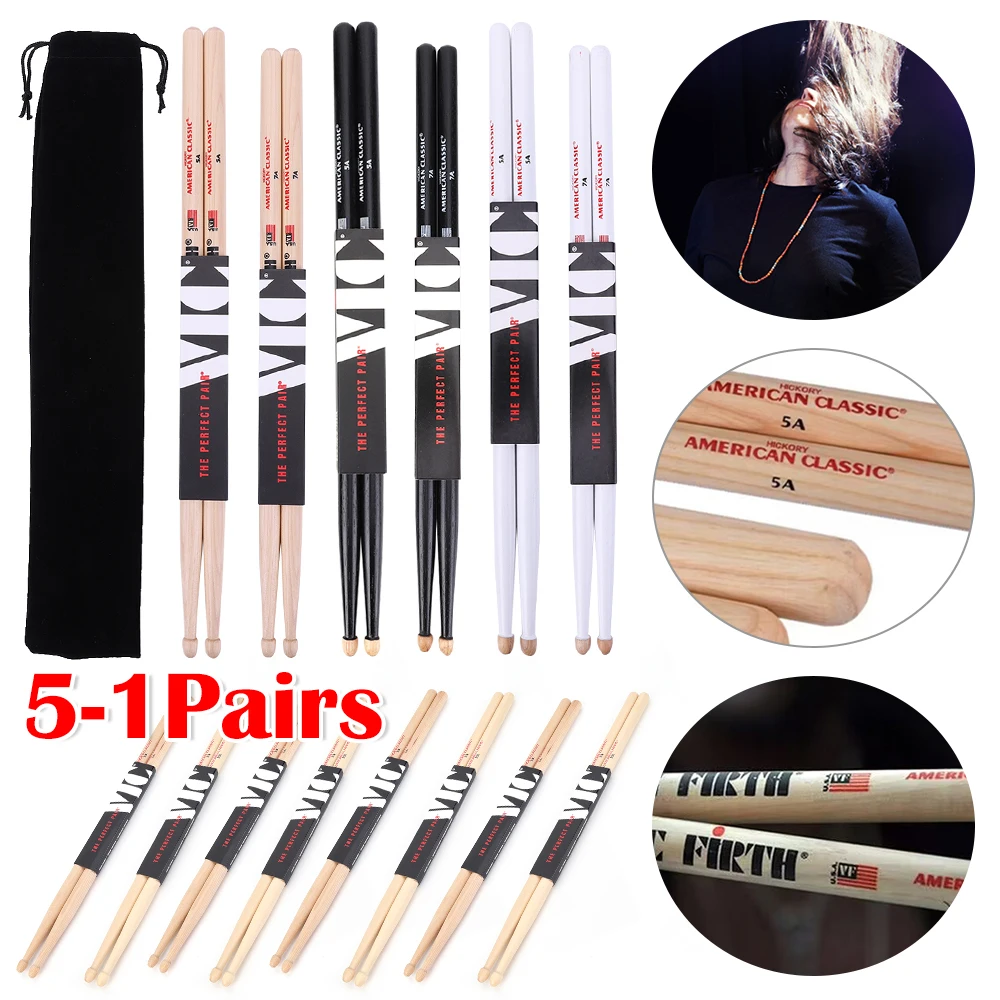 1-5Pairs Drum Sticks 5A/7A Wood Tip Drumsticks Consistent Weight and Pitch American Hickory Drumsticks Acoustic/Electronic Drums