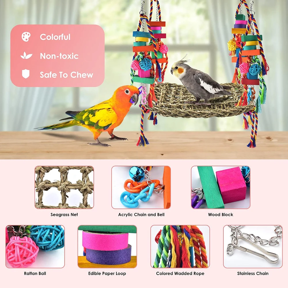 Bird Swing Toys Colorful Parrot Seagrass Mat Hammock with Blocks Bird Cage Accessories Suitable for Small to Medium Birds