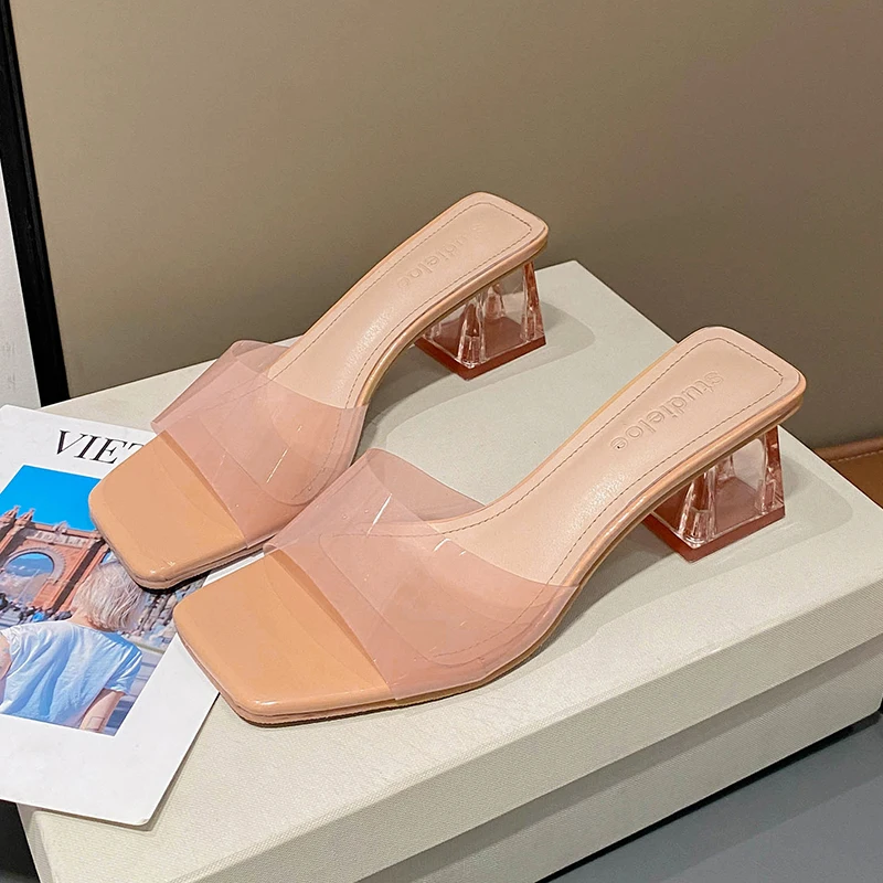 

Сланцы женские с квадратным носком, прозрачные туфли на среднем каблуке, квадратный носок, прозрачные, роскошная Летняя обувь-желе из искусственной кожи с кристаллами, 2023