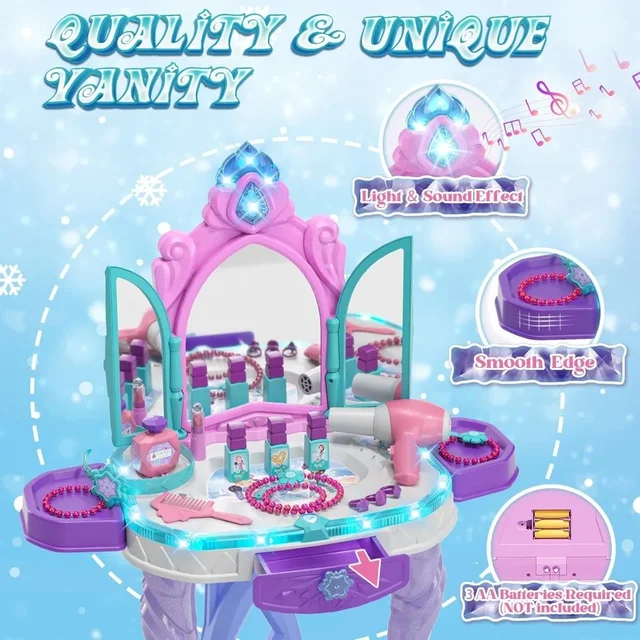Kids Vanity Table Chair Set with Mirror Lights Music Pretend Makeup Dress Up Gift for Girls Age 3 4 5