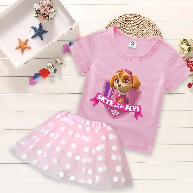 2 Pezzi 2024 Paw Patrol Girls T-Shirt Tutu Gonna Set Toddler Polka Dot Pink Skye Dress Clothes Suit Baby Tees Abbigliamento Outfit Gifts