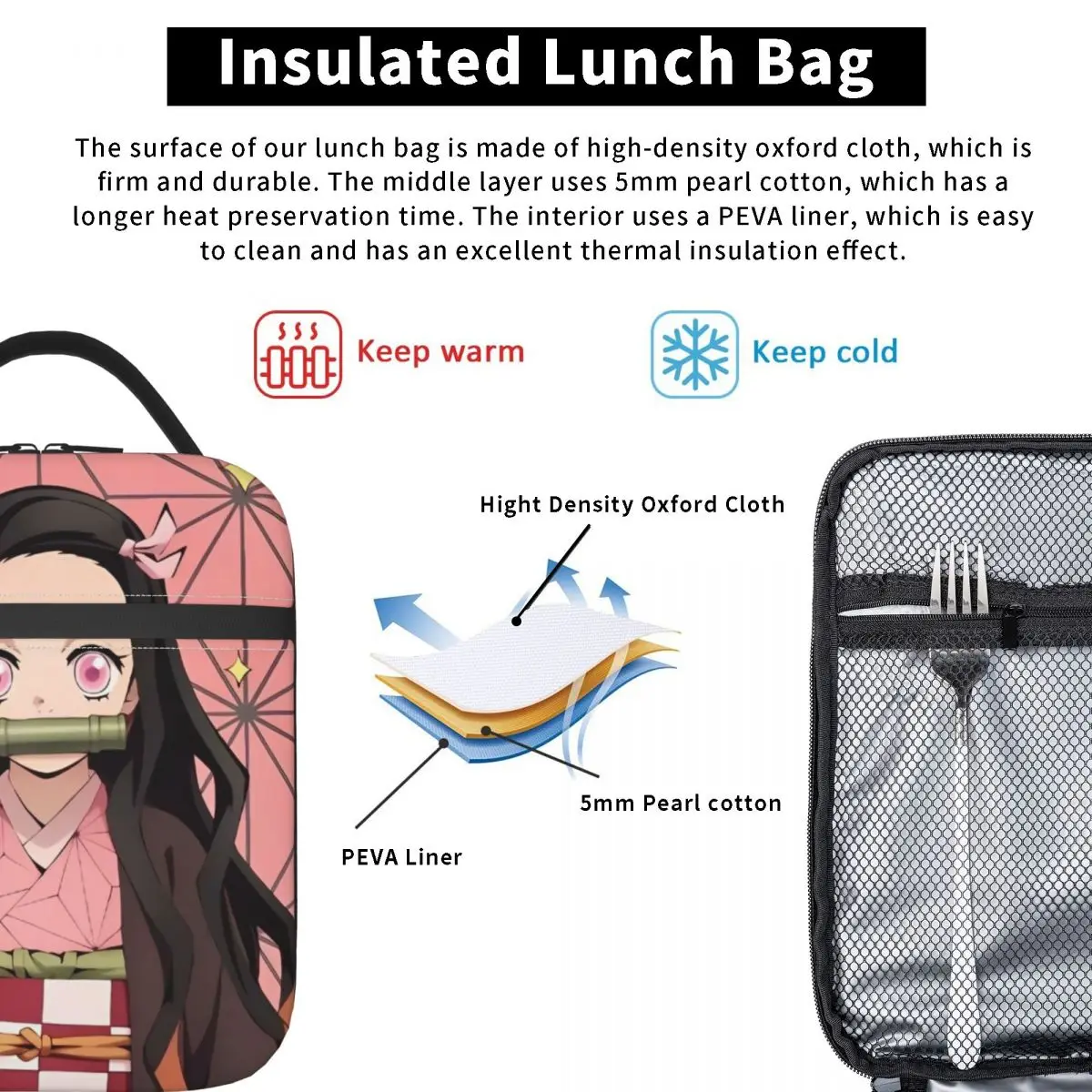 Demoned Slayered Insulated Lunch Bags Cooler Bag Reusable Kamado Nezuko High Capacity Tote Lunch Box Men Women Office Outdoor 6