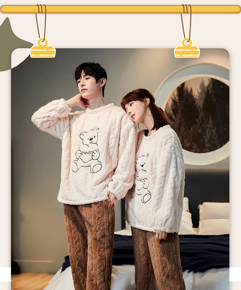 Yasuk Winter Fashion Women's Men Casual Warm Soft Sleepwear Pajamas With Pants Velvet Jacquard Fleecel Lovely Bear Couple Unisex