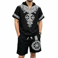 Nouvel ensemble décontracté d'été pour homme en fibre de polyester respirante, 2 pièces, avec chemise à manches courtes à capuche imprimé Viking et short de plage. 6