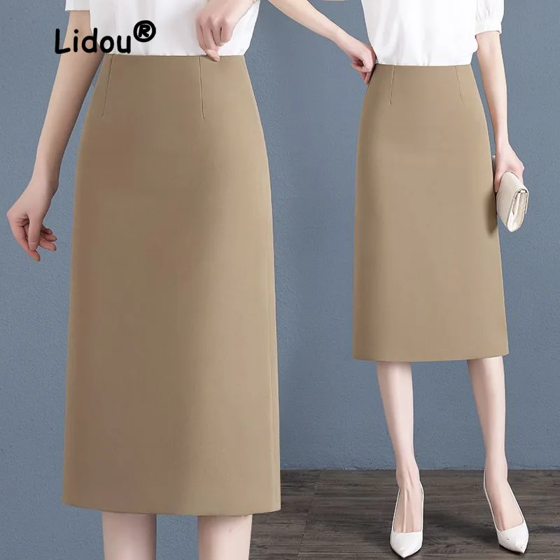 Mid Length Solid Color Office Women's 2023 New High Waisted Buttocks Wrapped Temperament Slim Fashion All-match Lady Skirt women s dresses solid color pleated buttocks wrapped oversized pencil skirt temperament wrinkles high waist knitted mid dress