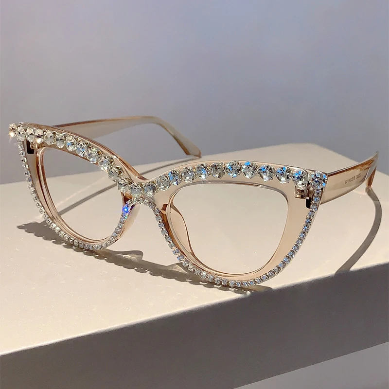 Women Glasses fashion eyeglasses Retro Cat Eye Glasses With Rhinestones for Women KAMMPT Oversized Spectacles