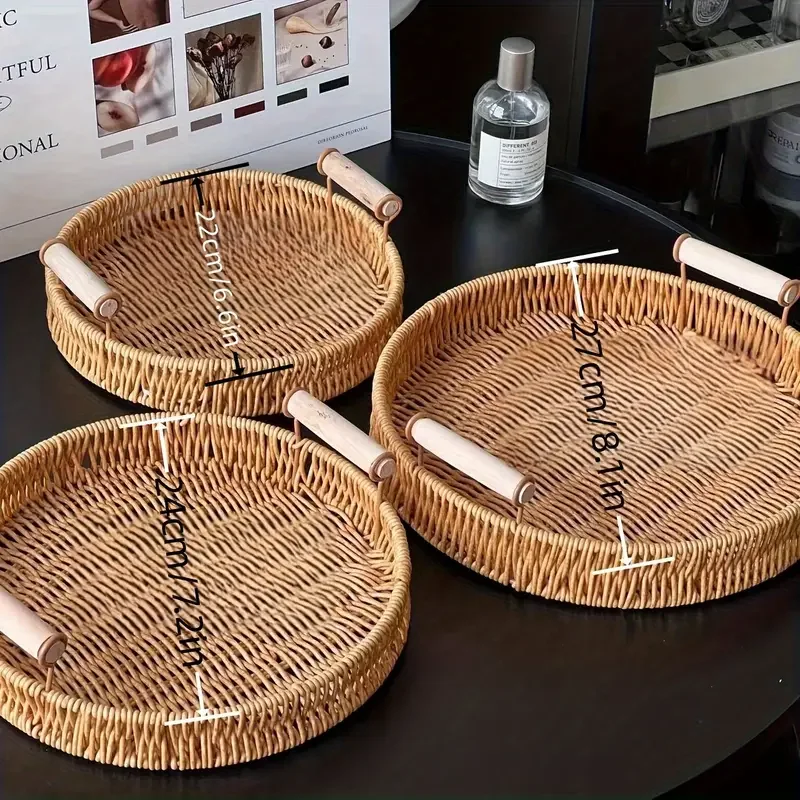 1/3 Piece Hand Woven Imitation Rattan Round Storage Tray Wooden Vintage Imitation Rattan Fruit Basket Snack Tray Storage Tray 3
