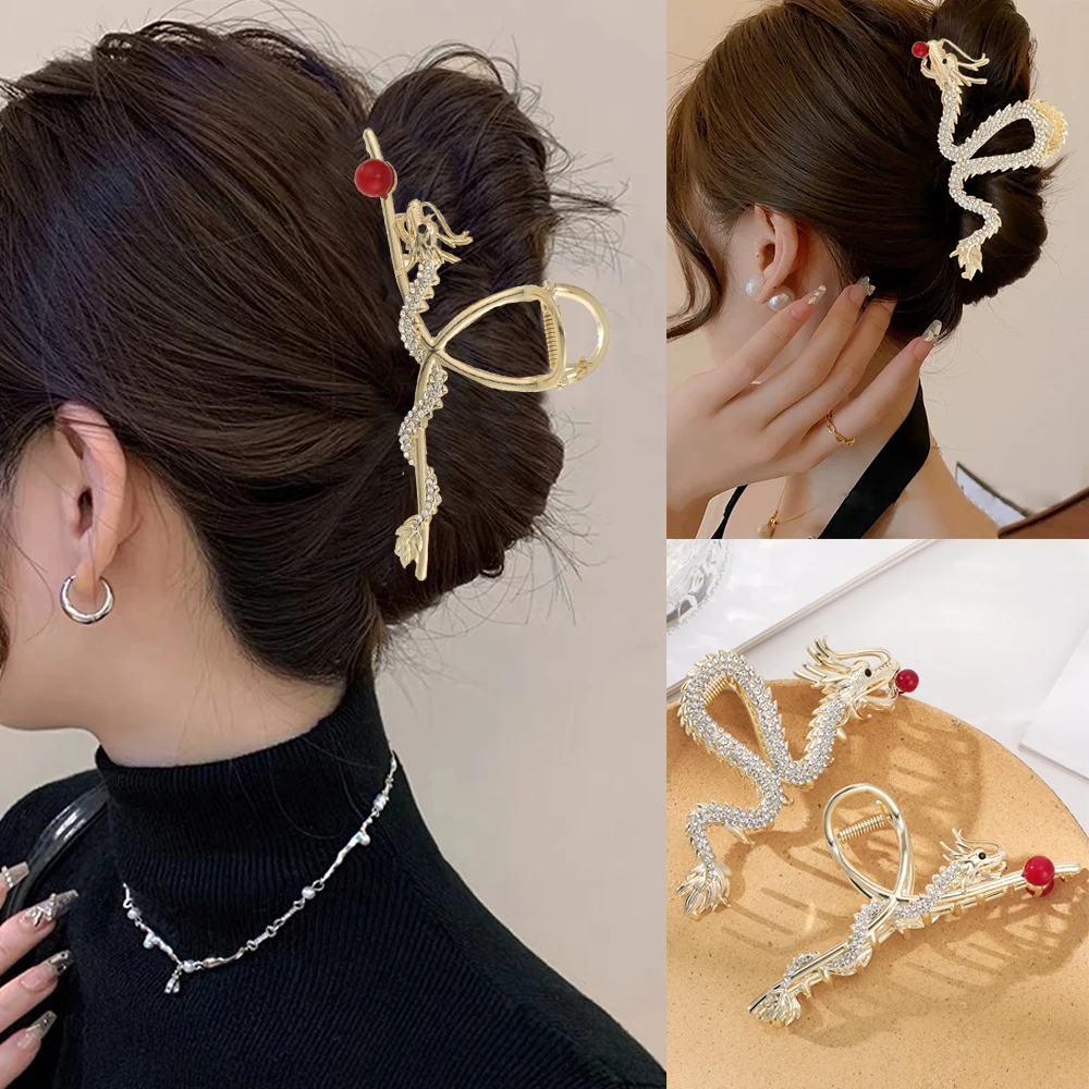 11cm  Golden Dragon Hairpin Hair Claw Women Simple Zodiac Hair Claw Alloy back of the head Hairpin Shark Clip Hair Accessories
