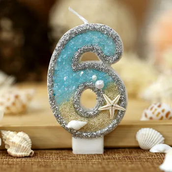 케이크용 인어 생일 양초, 반짝이는 파란색 바다 물고기 그라데이션 양초 토퍼, 파티 케이크 장식, 1 년