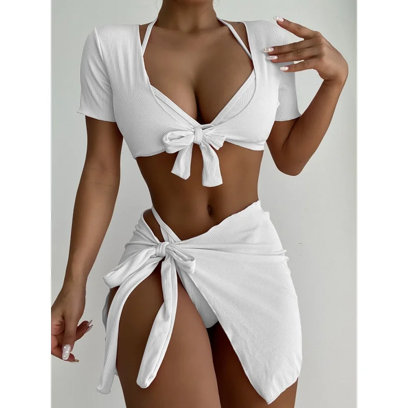 Women's Swimsuit Korean New Bikini Four-Piece SuitINSSplit Swimsuit Small Chest Push up Vacation Spa Swimsuit