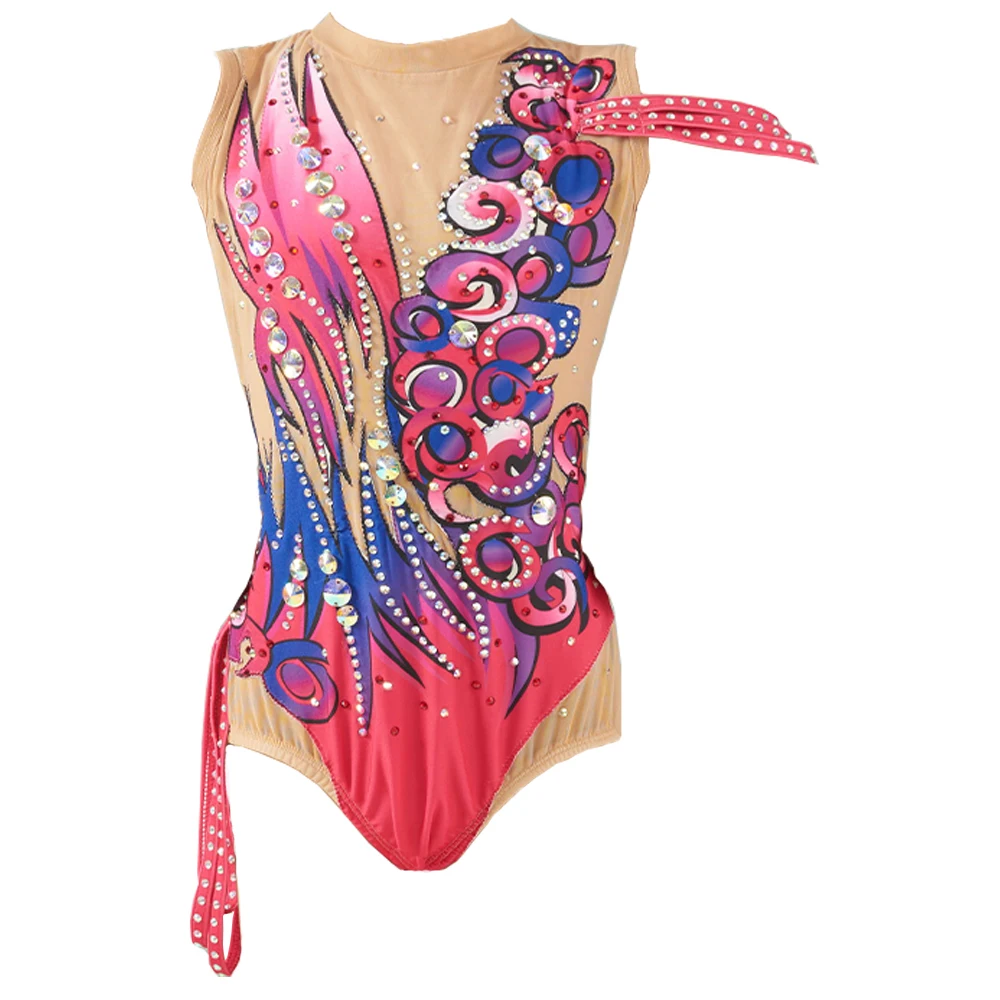 

Rhythmic Gymnastics Leotards Girls Sleeveless Pink Print Diamond Competition Performance Training Wear