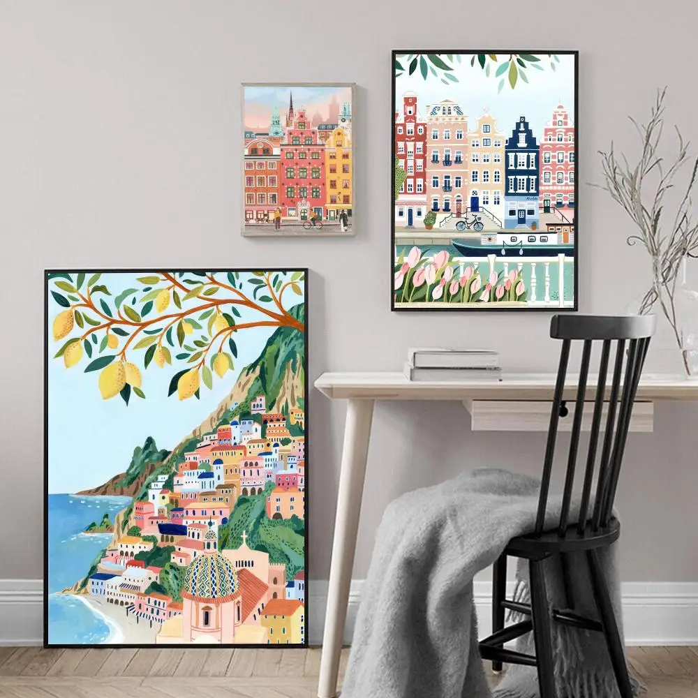 Landscape Nordic Posters And Prints Barcelona Santorini Positano Vintage Room Bar Cafe Decor Stickers Wall Painting