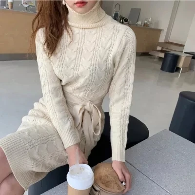 

Chic Turtleneck Knitting Dress Woman Autumn Winter Apricot Korean Long Sweater Dress Female Fall Full-sleeve Elegant Knitwear