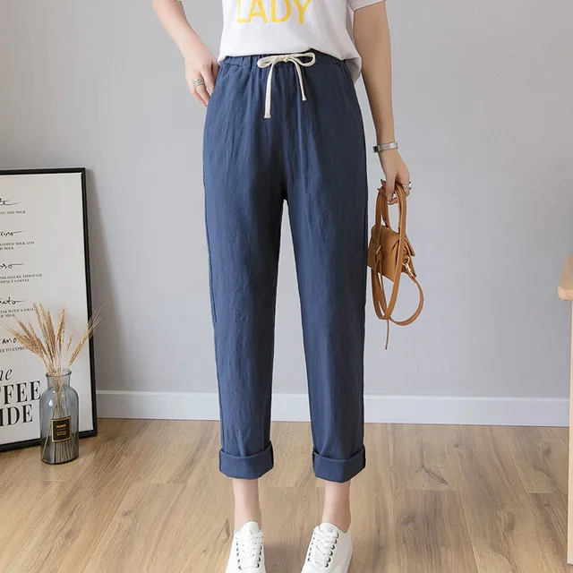 Women Casual Harajuku Long Ankle Length Trousers 2022 Summer Autumn Large Solid Elastic Waist Cotton Linen Pants Black Pants Dark blue