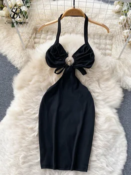SINGREINY Sensual Camis Female Dress French Sleeveless Lace Up Sheath Dress 2023 Women Slim Short Halter Backless Sexy Dress 1