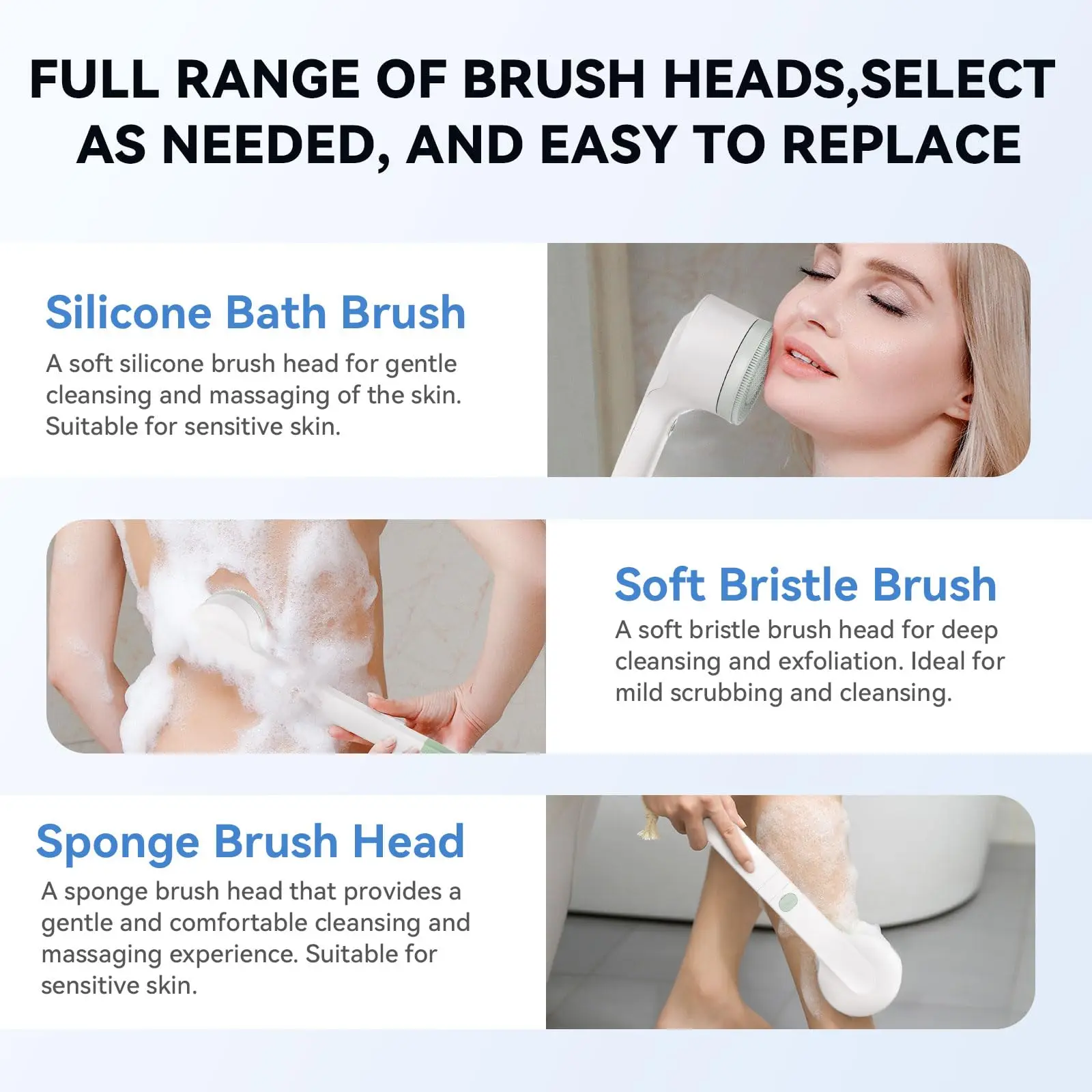 Electric Body Brush Rechargeable Silicone Scrubber Back Brush with Long Handle and 3 Spin Heads Suitable