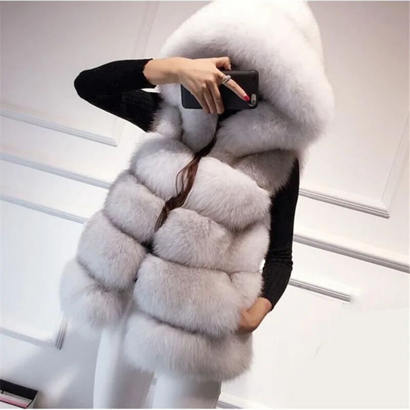 Winter New Women Faux Fox Fur Coat Plush Fashion Warm Slim Sleeveless Waistcoat Large Size 4xl Hooded Fake Fur Gilet 2023