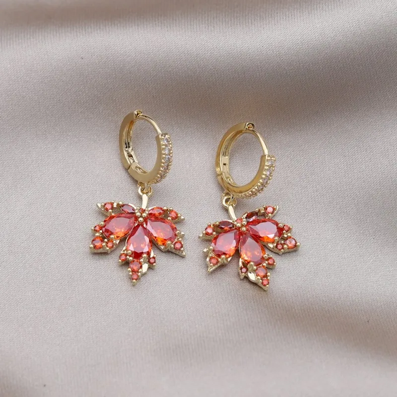 Korea Fashion Jewelry Orange Zircon Maple Leaf Pendant Earrings Necklace Women's Party Accessories jewelry sets jewelry set