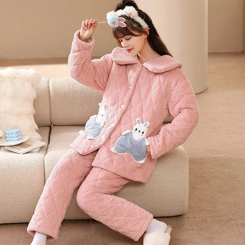 Pajamas Three Layers Cotton Padded Sleepwear Sets Women Coral Velvet Warm Flannel Autumn Winter Outside Wear Home Service Suit