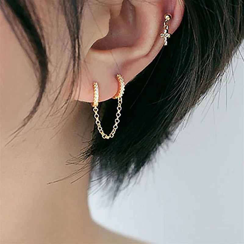 Unisex Hoop Earrings Ear Accessories Crystal Zircon Double Ear Pierced Earrings 1pc