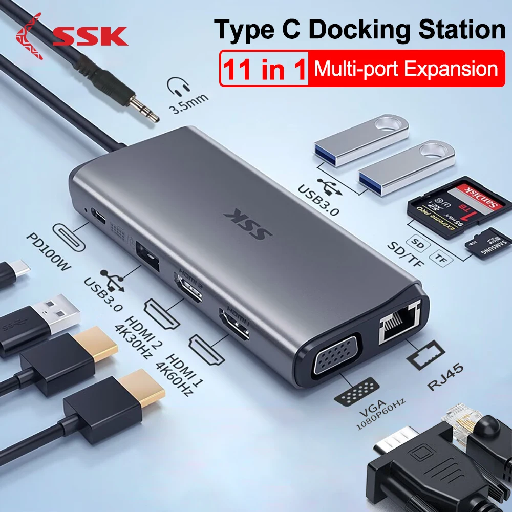 

SSK 11 in 1 Type C Hub to 4K 60Hz HDMI-Compatible PD100W RJ45 SD/TF Card USB 3.0 Hub Adapter for Laptop MacBook Hub Dock Station