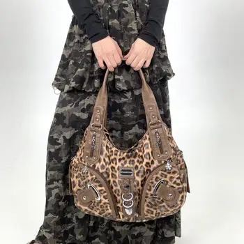 Y2K vintage hot girl personality leopard print shoulder bag with multiple compartments, Maillard crossbody handbag 1