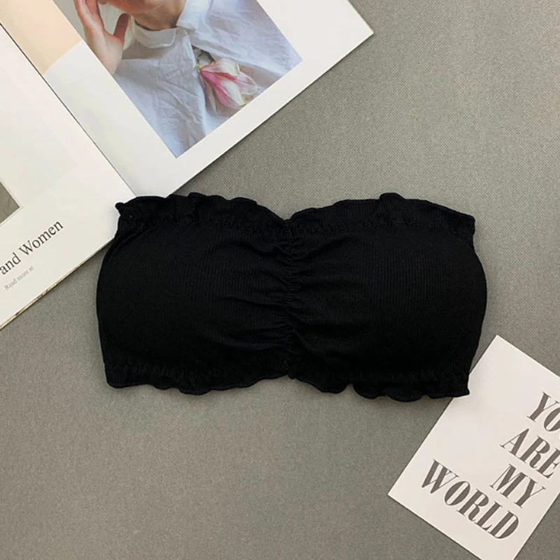 Women Lingerie Bra Ruffle Strapless Three Hook-and-eye Cotton Bra Crop Top Women Bra Invisible Beauty Back Off Shoulder Omighty Camisole